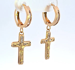 10K Real Gold CZ Jesus Cross Small Hoop Dangle Earrings