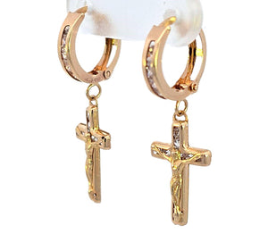 10K Real Gold CZ Jesus Cross Small Hoop Dangle Earrings