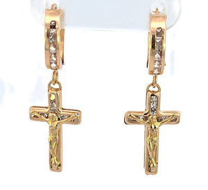 10K Real Gold CZ Jesus Cross Small Hoop Dangle Earrings