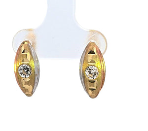 10K Real Gold Tri Color CZ Solitaire Diamond Cut Oval Hoop Earrings
