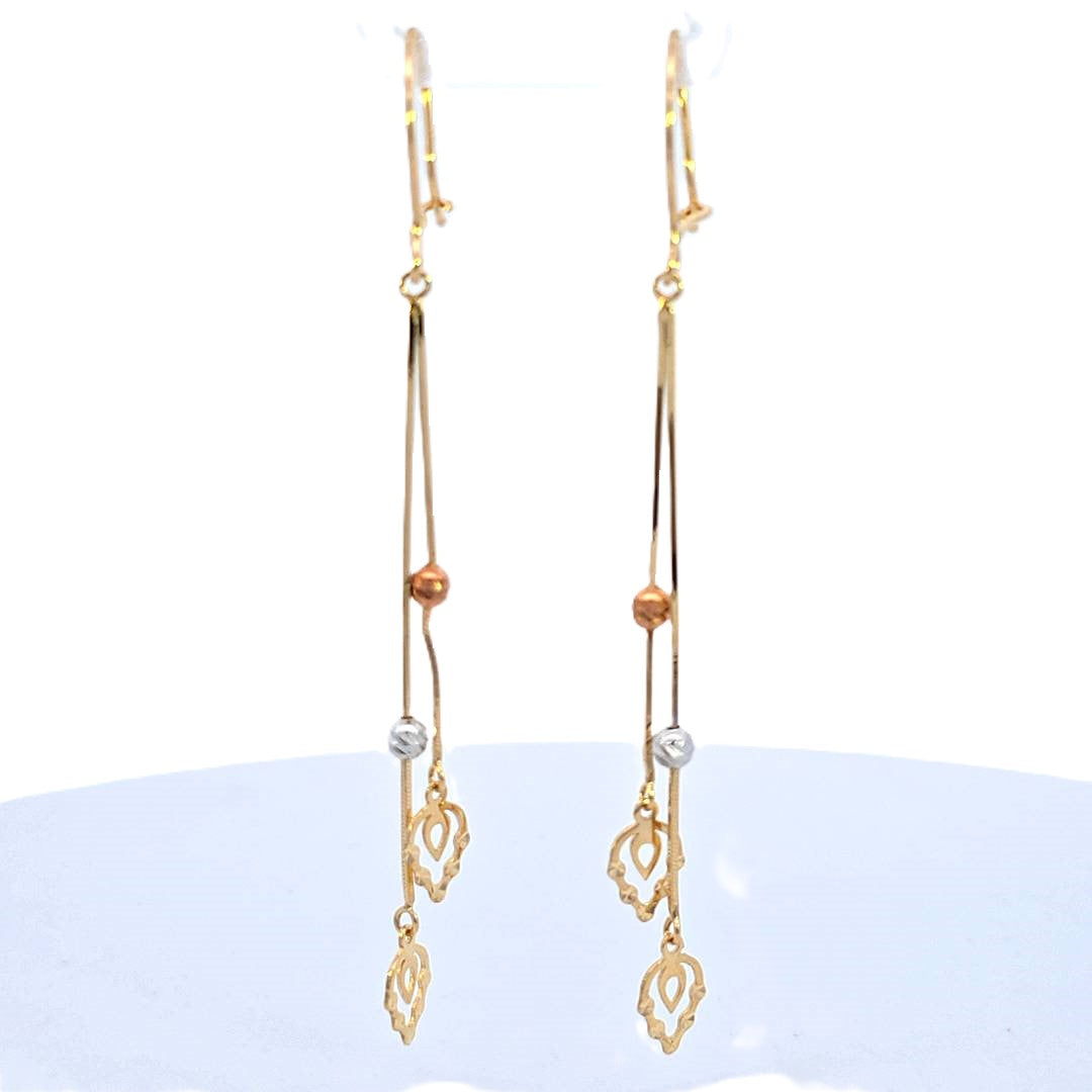 10K Real Gold Tri Color Leaf Chandelier Dangle Beads Long Earrings