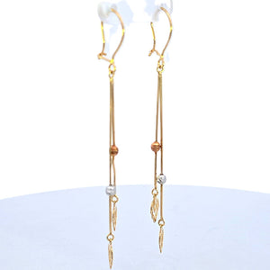 10K Real Gold Tri Color Leaf Chandelier Dangle Beads Long Earrings