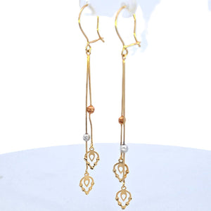 10K Real Gold Tri Color Leaf Chandelier Dangle Beads Long Earrings