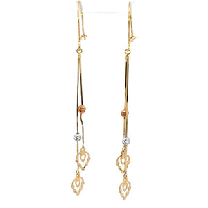 10K Real Gold Tri Color Leaf Chandelier Dangle Beads Long Earrings