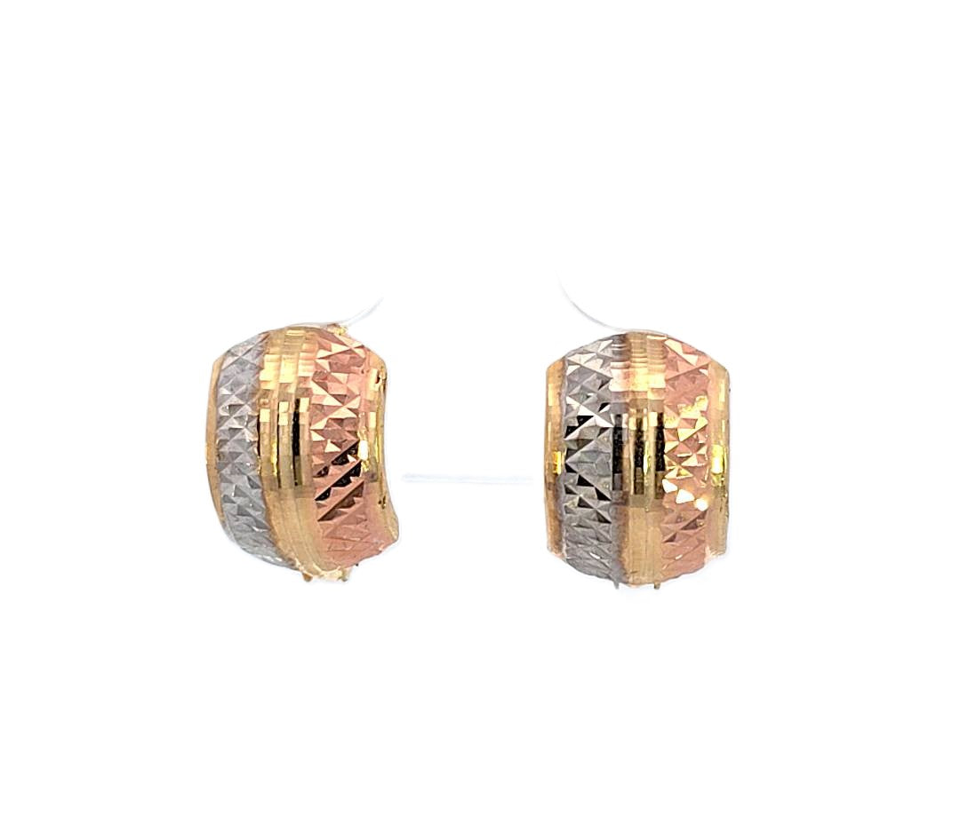 10K Real Gold Tri Color Diamond Cut Fancy Huggie Hoop Earrings.