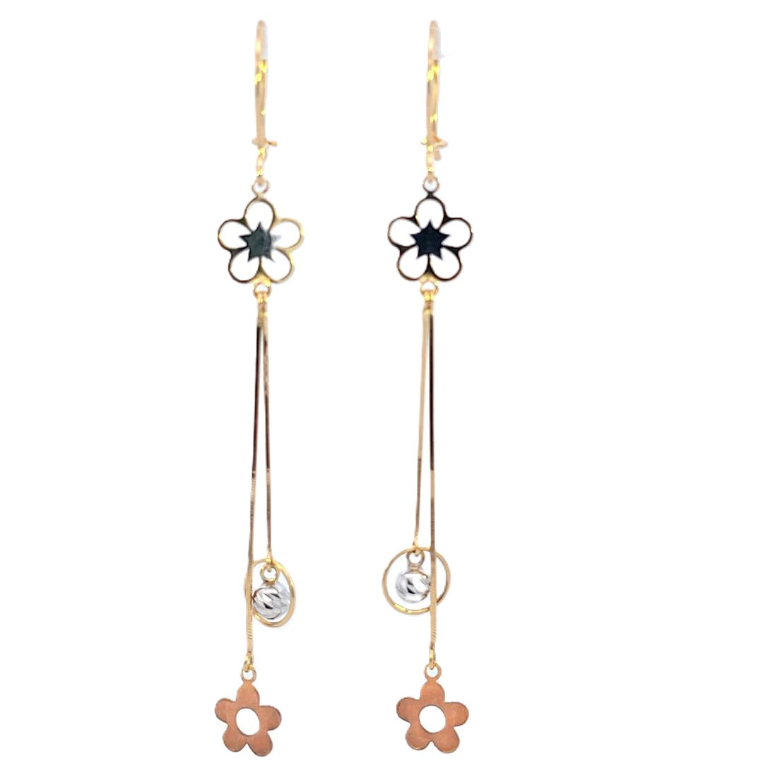 14K Real Gold Tri Color Flower Hoop Dangle Earrings for Girls, Women's.