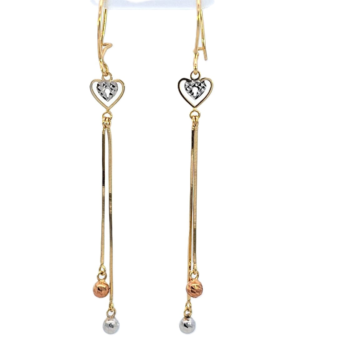 10K Tri Color DC Fancy Heart, Beads Long Dangle Hoop Earrings for Girls, Women's