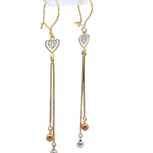 10K Tri Color DC Fancy Heart, Beads Long Dangle Hoop Earrings for Girls, Women's