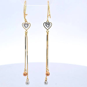 10K Tri Color DC Fancy Heart, Beads Long Dangle Hoop Earrings for Girls, Women's