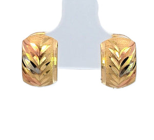 10k Real Gold Tri Color Leaf Design on Huggie Hoop Small Earrings