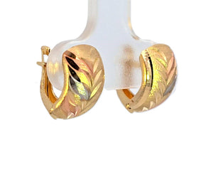 10k Real Gold Tri Color Leaf Design on Huggie Hoop Small Earrings