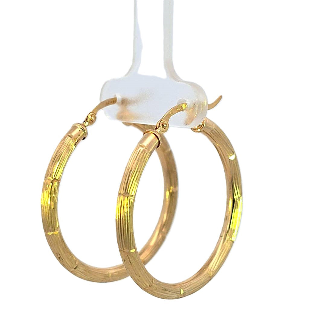 10K Real Gold Wide Bamboo Patterned Thick Hoop Earrings for Girls, Women's.