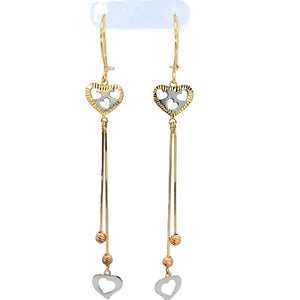 10K Real Gold Tri Color Fancy Heart Long Dangle Earrings for Girls, Women's