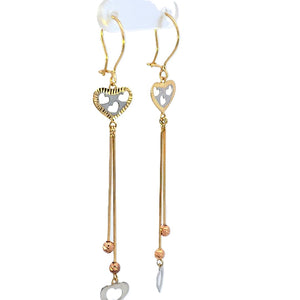 10K Real Gold Tri Color Fancy Heart Long Dangle Earrings for Girls, Women's