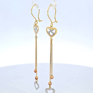 10K Real Gold Tri Color Fancy Heart Long Dangle Earrings for Girls, Women's