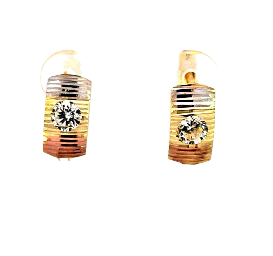 10K Real Gold Tri Color CZ Solitaire Fancy Huggie Hoop Earrings.