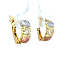 10K Real Gold Tri Color CZ Solitaire Fancy Huggie Hoop Earrings.