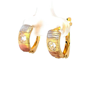 10K Real Gold Tri Color CZ Solitaire Fancy Huggie Hoop Earrings.