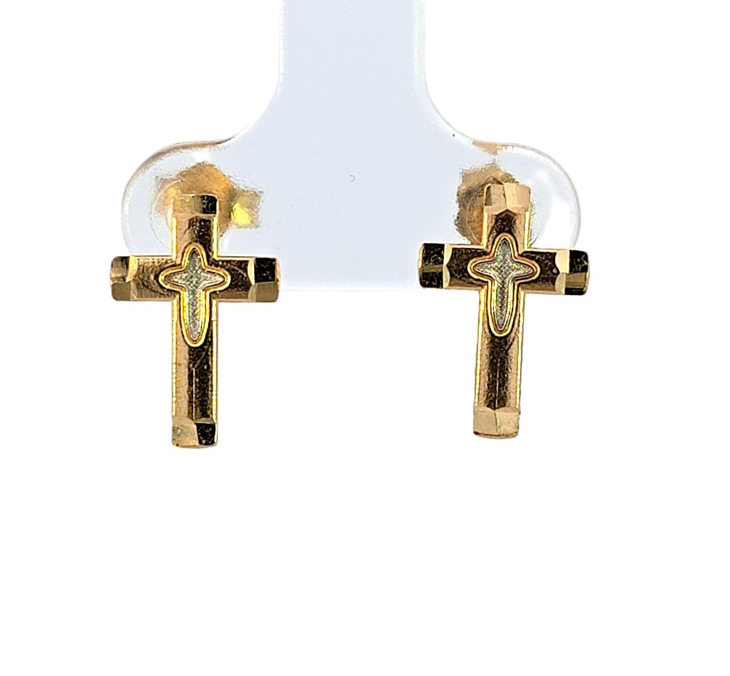 10K Real Gold Two Tone Double Cross Stud Earrings