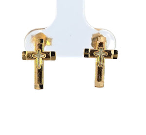 10K Real Gold Two Tone Double Cross Stud Earrings