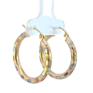 10K Real Gold Tri Color Diamond Cut Round Medium Hoop Earrings for Girls, Womens