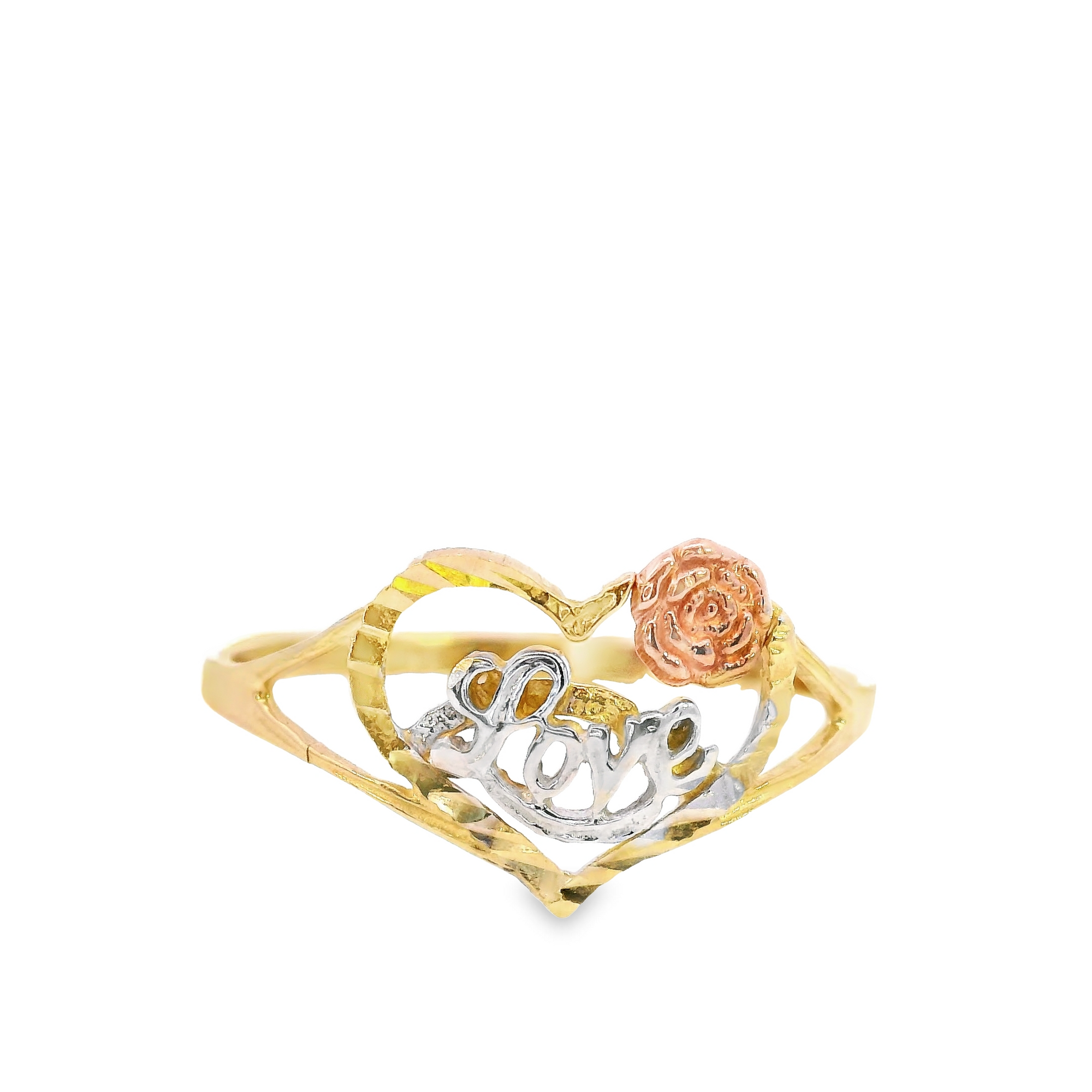 10K Real Gold Tri Color Heart Love with Rose Fancy Ring for Women