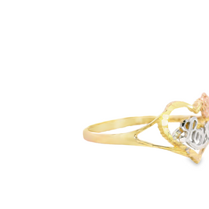 10K Real Gold Tri Color Heart Love with Rose Fancy Ring for Women
