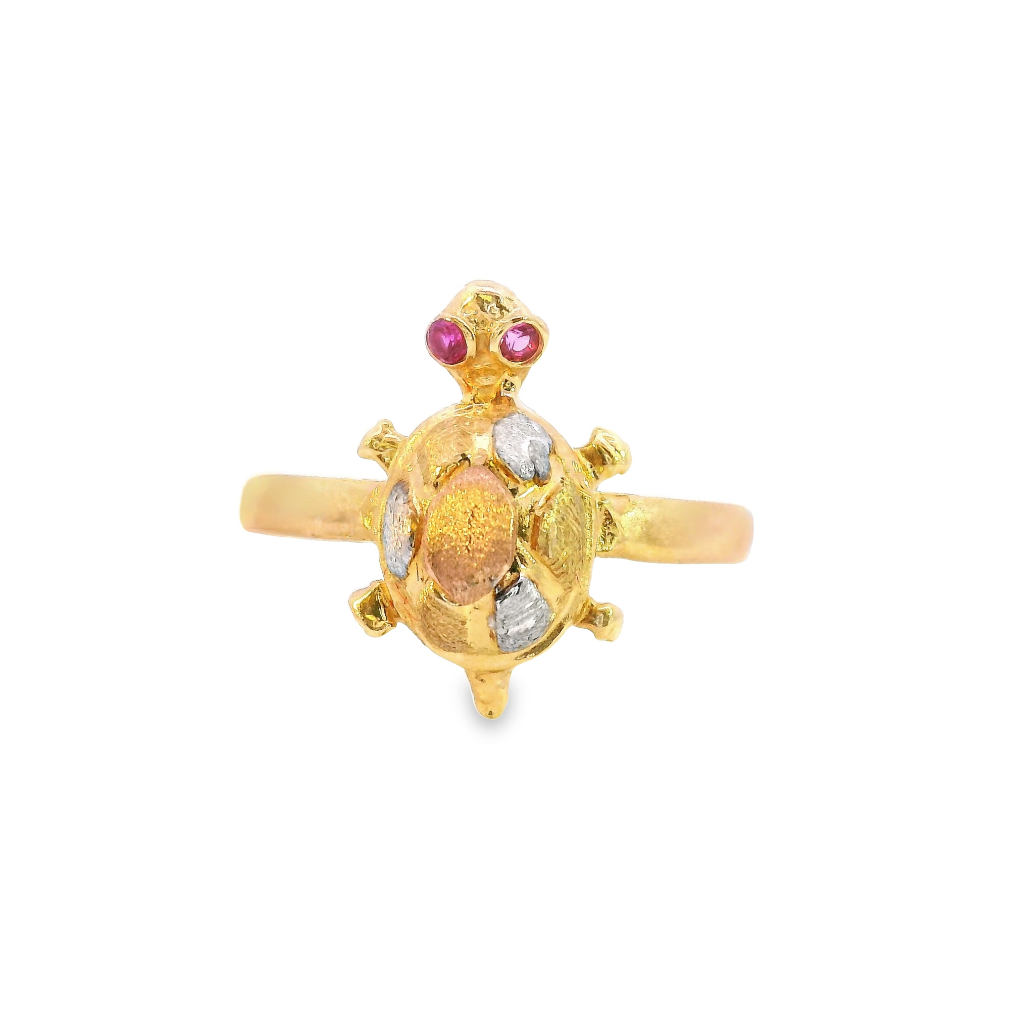 10K Real Gold Tri Color Good Luck Turtle with CZ Ruby Eyes Ring