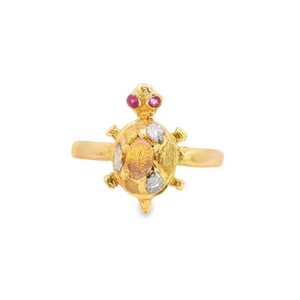 10K Real Gold Tri Color Good Luck Turtle with CZ Ruby Eyes Ring