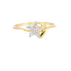 10K Real Gold CZ Flower with Leaf Round Ring for Women