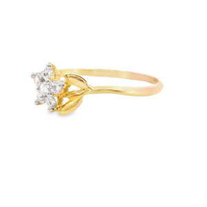 10K Real Gold CZ Flower with Leaf Round Ring for Women