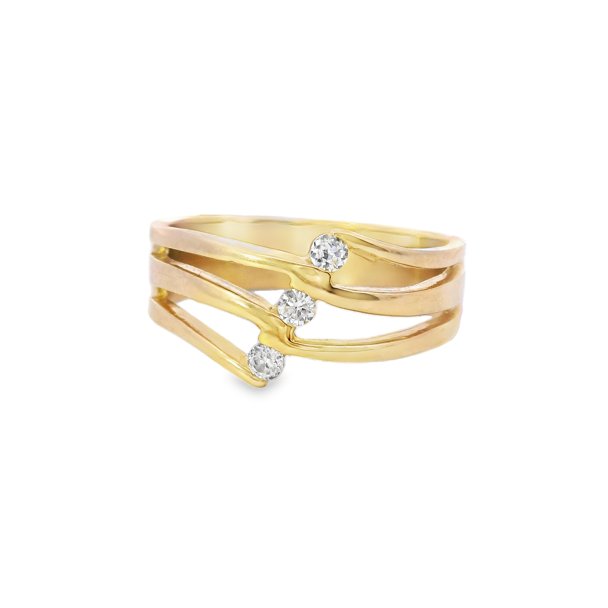 10K Real Gold 3 Band 3 CZ Stone Fancy Ring for Women