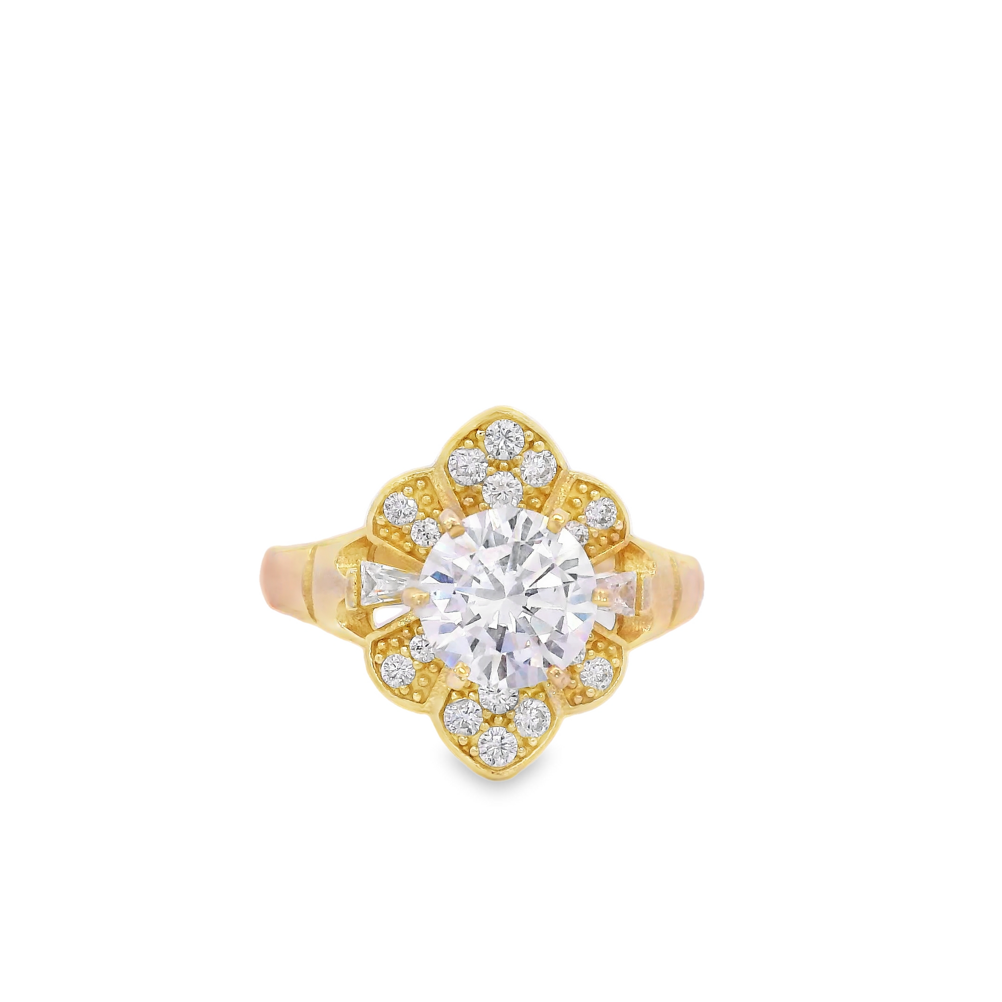 10K Real Gold CZ Solitaire Round Floral Shape Ring for Women