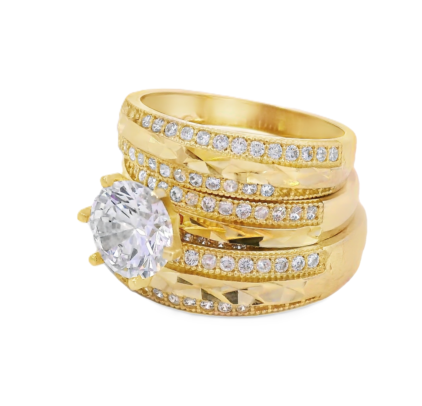 10K Real Gold Two Tone Diamond Cut CZ Solitaire Trio Set Ring