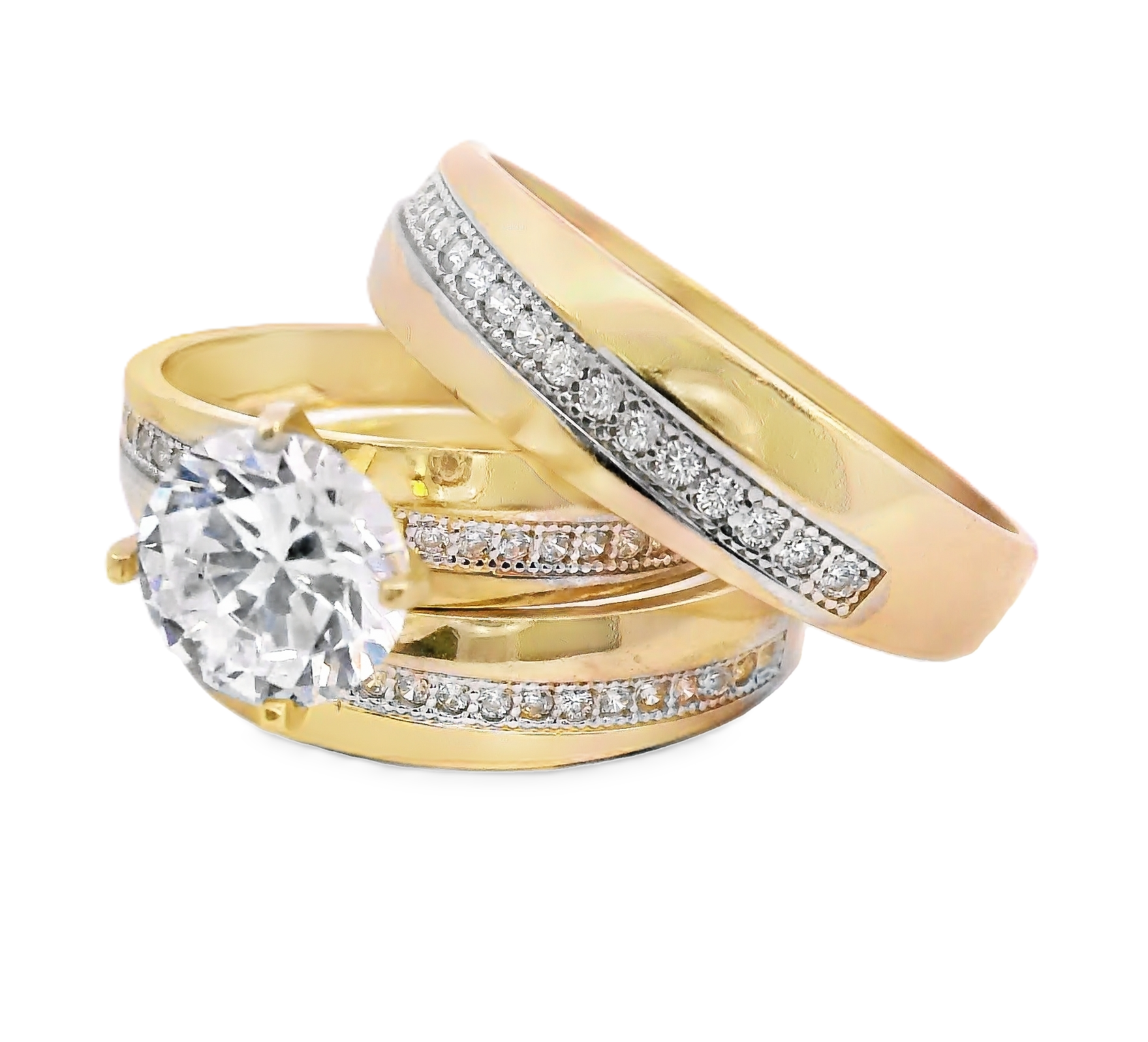 10K Real Gold Fancy Solitaire CZ Trio Set Ring for Women