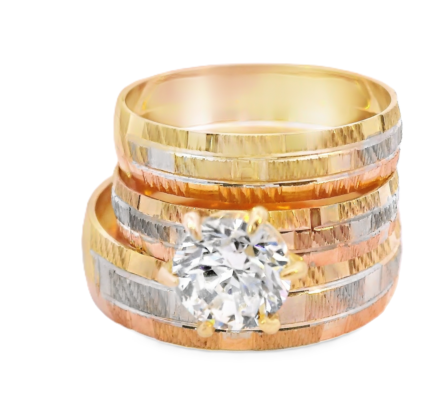 10K Real Gold Tri-Color  Set Solitaire CZ Ring for Women