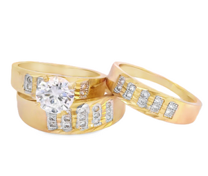 10K Real Gold Diamond Cut CZ Solitaire Trio Set Ring