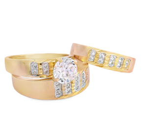 10K Real Gold Diamond Cut CZ Solitaire Trio Set Ring