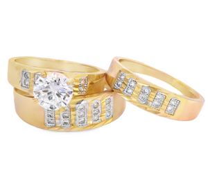 10K Real Gold Diamond Cut CZ Solitaire Trio Set Ring