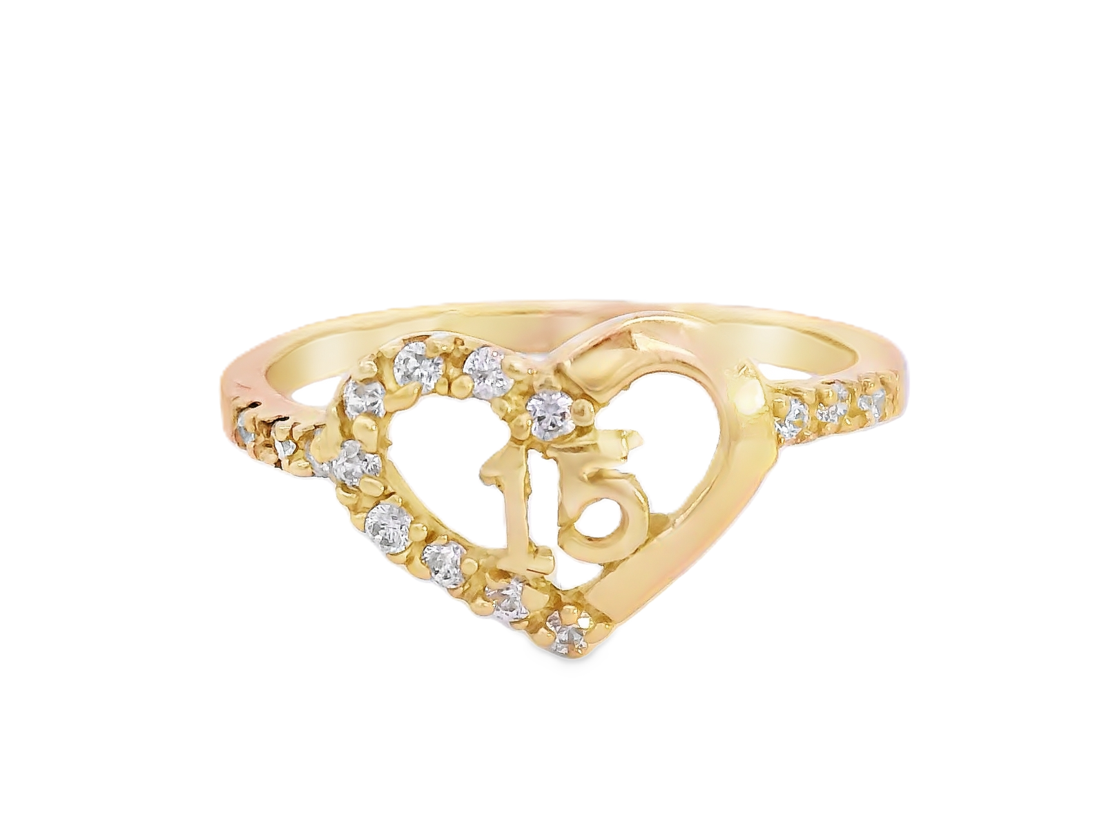 10K Real Gold Quinceanera "15" CZ Heart Ring for Women