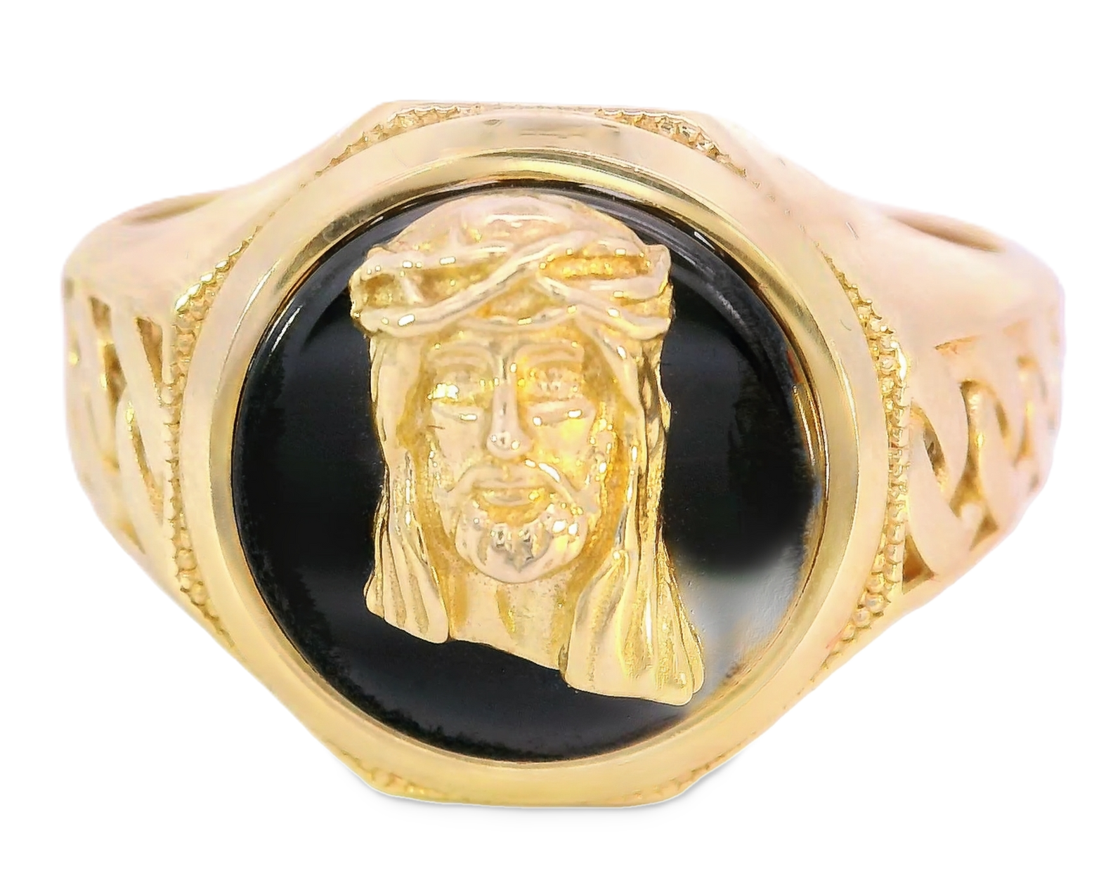 10K Real Gold Jesus Face on Black Onyx with Cuban Band Ring for Men