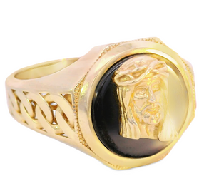 10K Real Gold Jesus Face on Black Onyx with Cuban Band Ring for Men