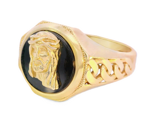 10K Real Gold Jesus Face on Black Onyx with Cuban Band Ring for Men