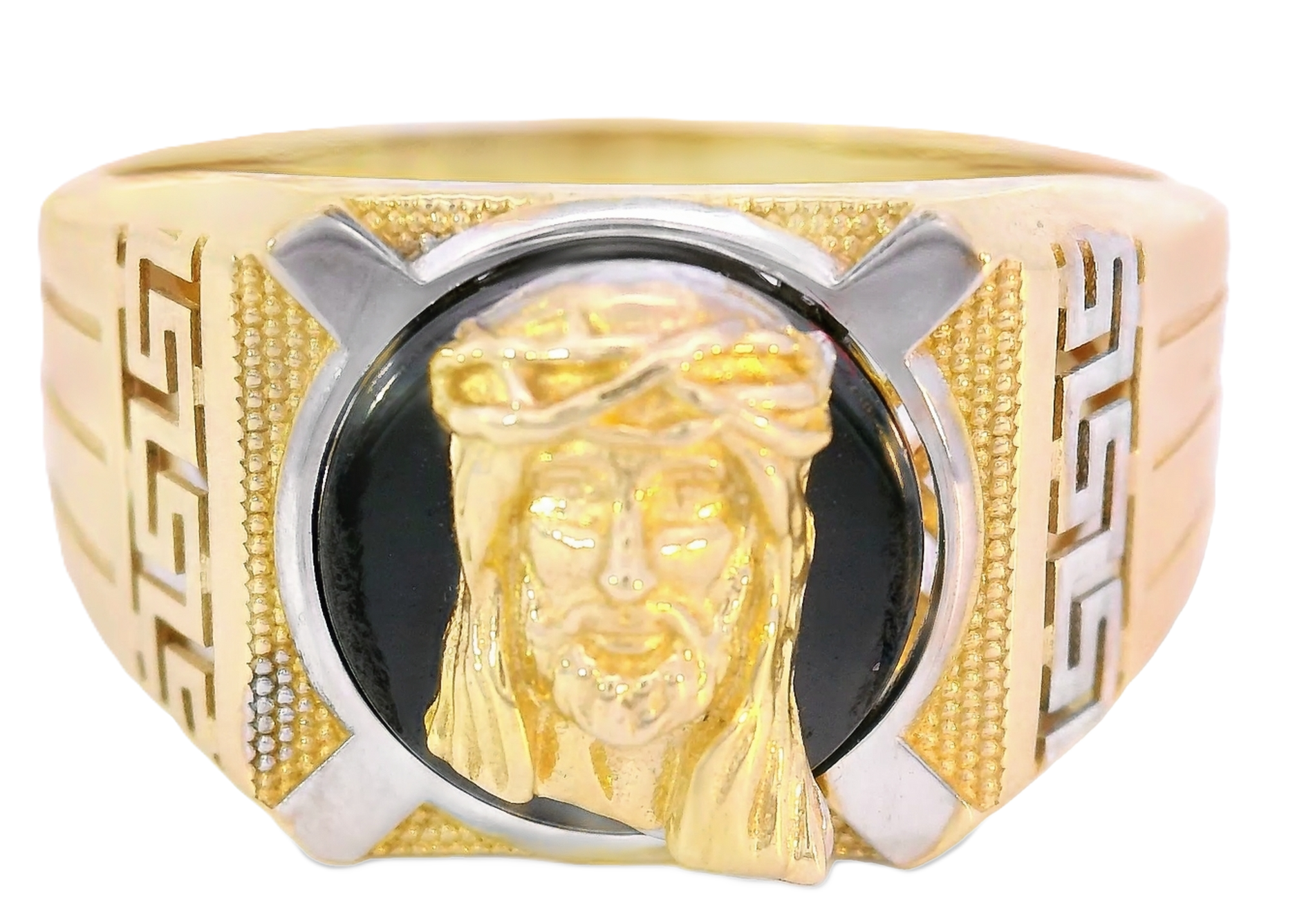 10K Real Gold Two Tone Jesus with Greek Band Ring for Men