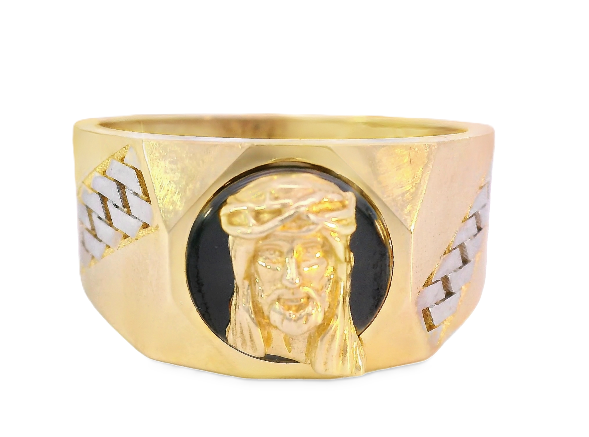 10K Real Gold Jesus Face on Black Onyx Fancy Ring for Men