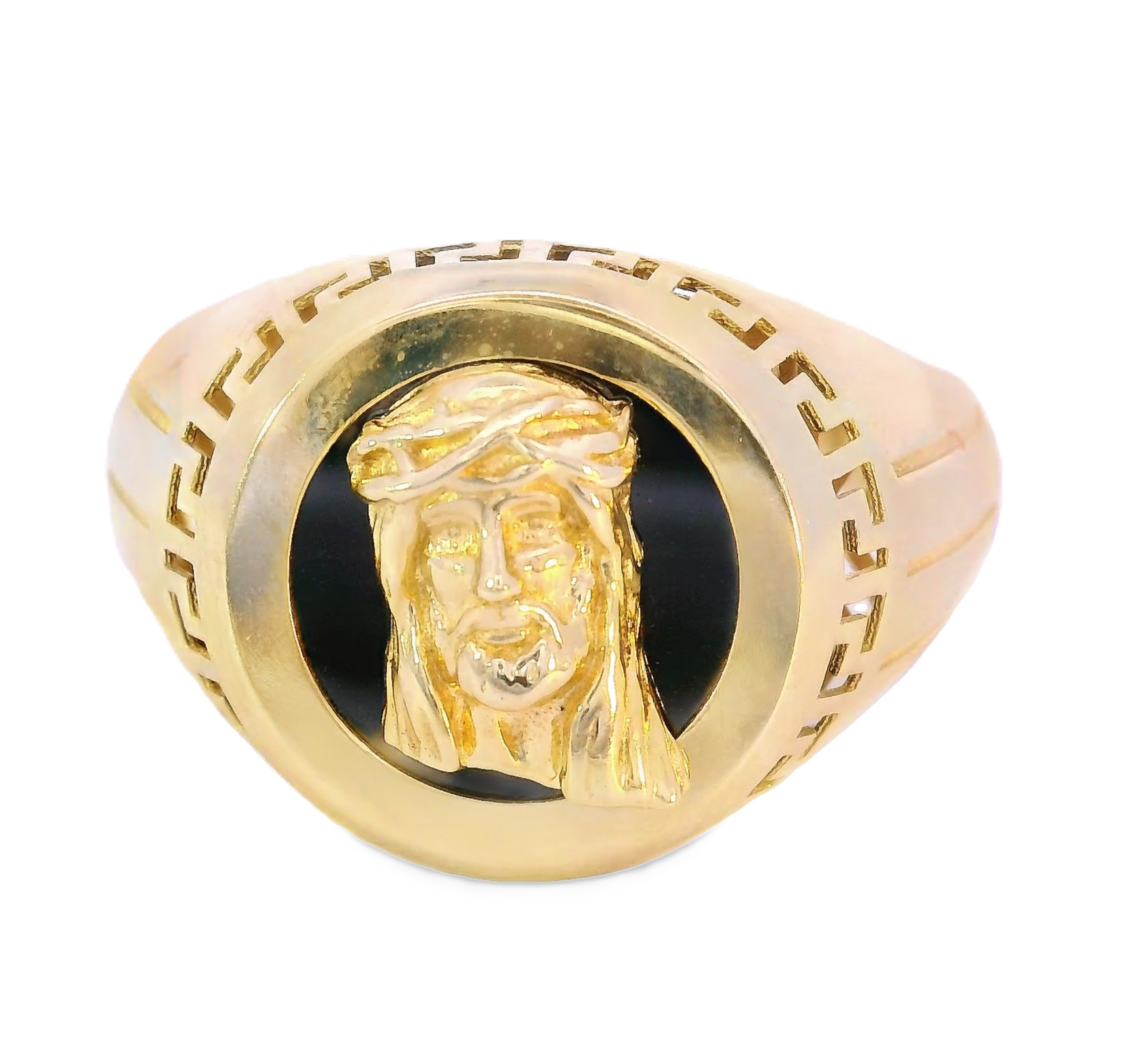 10K Real Gold Jesus Face on Black Onyx With Greek Style Round Ring for Men