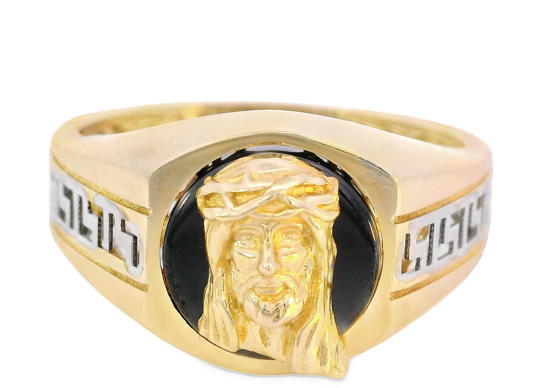 10K Real Gold Two Tone Jesus Face on Black Onyx with Greek Band Ring for Men