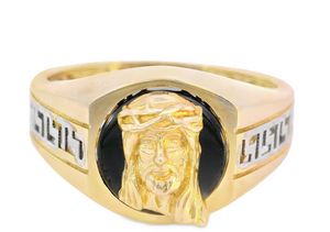 10K Real Gold Two Tone Jesus Face on Black Onyx with Greek Band Ring for Men