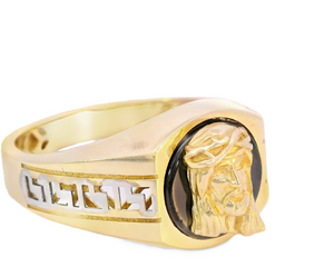 10K Real Gold Two Tone Jesus Face on Black Onyx with Greek Band Ring for Men