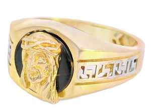 10K Real Gold Two Tone Jesus Face on Black Onyx with Greek Band Ring for Men